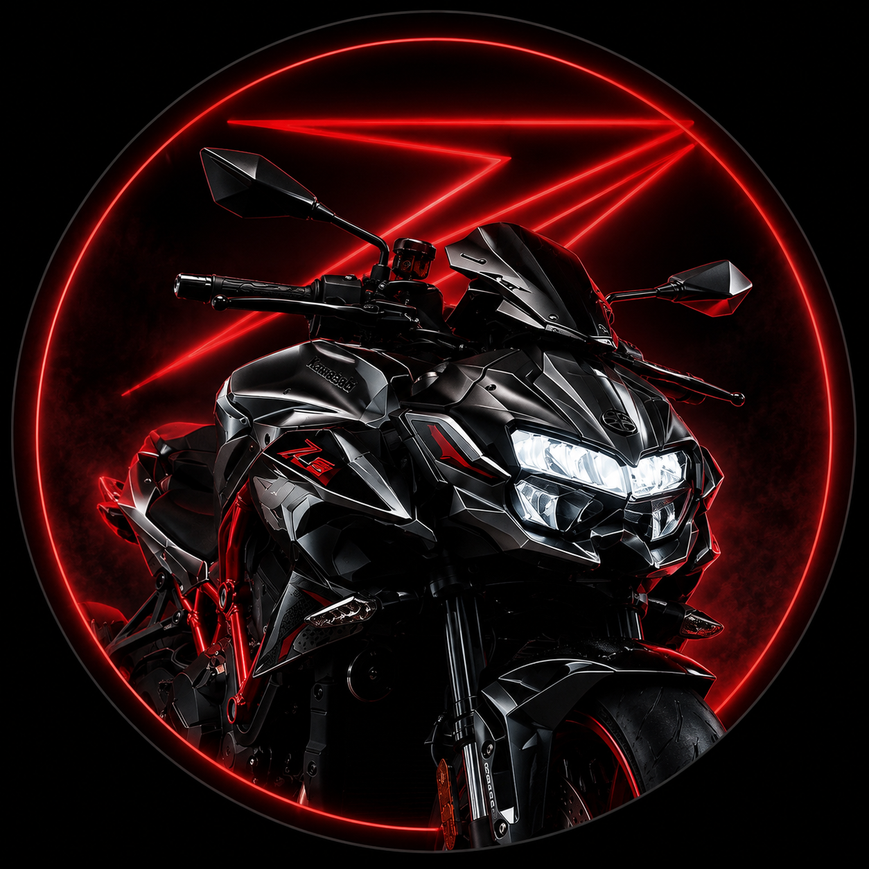 2023 Kawasaki Z H2 Roach motorcycle framed by red light graphics.